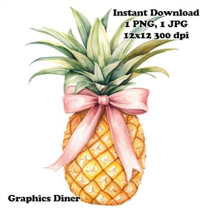 May include: Watercolor illustration of a pineapple with a pink bow. The pineapple is yellow and has green leaves. The bow is tied around the top of the pineapple.