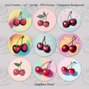 Posavasos de coche con diseño de cerezas estilo cómic retro, fondo transparente PNG, 3,5 pulgadas, 300 DPI, para sublimación, uso comercial, juego de 9