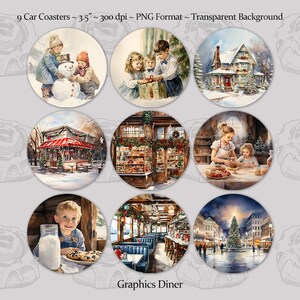 May include: Nine round car coasters featuring winter holiday scenes. The coasters are 3.5 inches in diameter and have a transparent background. The scenes include a snowman, a family exchanging gifts, a snow-covered house, a bakery, a family baking cookies, a diner, and a city square with a Christmas tree.