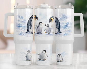 Cute Penguin 40oz Tumbler Wrap Baby Penguins Winter Watercolor Sublimation PNG Arctic Snow Digital Download