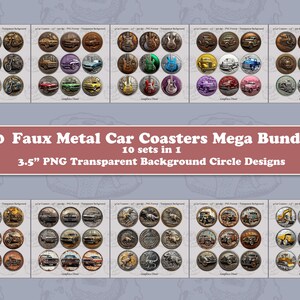 Könnte beinhalten: Ein Bundle mit 90 Untersetzern aus Kunstmetall mit verschiedenen Designs, darunter Autos, Motorräder und Gitarren. Jeder Untersetzer hat einen Durchmesser von ca. 8,9 cm und einen transparenten Hintergrund. Der Text auf dem Bild lautet "90 Faux Metal Car Coasters Mega Bundle".