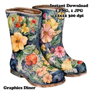 Floral Garden Boots Watercolor Sublimation PNG Commercial Use Sublimation Design 12 x 12 300 DPI Transparent Background PNG