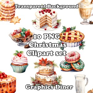 Goodies de Noël Aquarelle PNG Clipart Ensemble Noël PNG Ensemble Bonbons de Noël PNG Desserts de Noël Ensemble de 10 Ensemble de fond transparent
