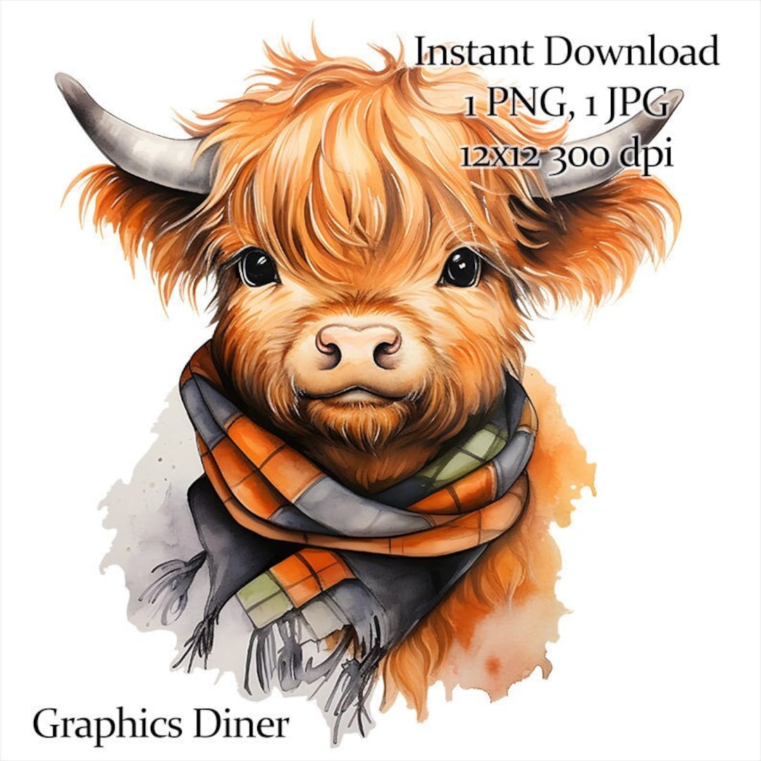 Baby Highland Cow Watercolor Clipart: Fall Scarf PNG (digital Download ...