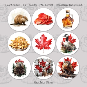 Puede incluir: Conjunto de 9 posavasos redondos de 8,9 cm de diámetro con ilustraciones de acuarela de temática canadiense. Los posavasos presentan imágenes de un castor, una hoja de arce, una botella de jarabe de arce, patatas fritas, un ganso, un ciervo y un oso.