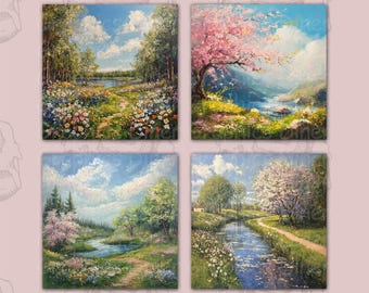 Spring Scene Oil Painting Coaster PNG Designs - 4x4 Square (Digital Download)