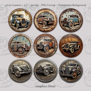 May include: Nine round coasters featuring vintage cars with a rusty metal look. Each coaster has a different car design and is approximately 3.5 inches in diameter.