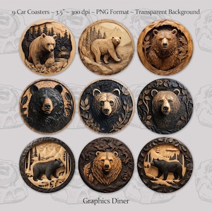 May include: Nine round wooden coasters featuring various bear carvings. Each coaster has a different design, including a bear in a forest scene, a bear head, and a bear with a mountain backdrop. The coasters are approximately 3.5 inches in diameter and are made of wood with a natural finish.