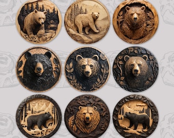 Wood Carved Bears Car Coaster Sublimation PNG Designs Faux Carving Sublimation Bears PNG Designs Car Coaster Set Of 9 Wildlife Designs
