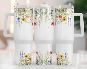 Garden Flower 40oz Tumbler Wrap Floral 40oz Quencher Sublimation Design 40oz Tumbler PNG Pretty Tumbler Wrap Design Watercolor Flowers