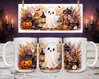 Cute Halloween Ghost Mug Wrap PNG Watercolor Ghost Mug Wrap 11oz 15oz Mug Sublimation Design Pumpkin Candy Autumn Cup Mug Wrap