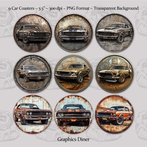 Puede incluir: Nueve posavasos redondos de 3,5 pulgadas que presentan coches clásicos de estilo muscle car en varios colores y estilos. Los posavasos tienen un aspecto de metal desgastado con un fondo marrón oxidado.