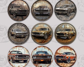 Set de 2 posavasos metálicos Muscle Cars, diseños PNG de sublimación, monedas y letreros de metal falso, diseños PNG de sublimación, juego de 9 posavasos metálicos.