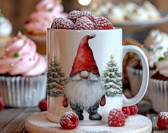 Taza de collage con diseño de gnomo en la nieve de 11 y 15 oz, fondo blanco, diseño de sublimación, PNG, descarga digital instantánea, taza navideña PNG
