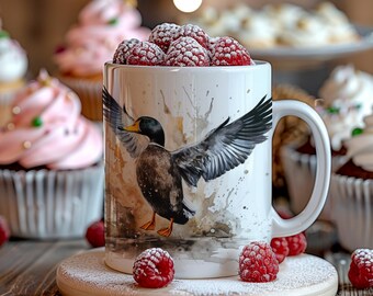 Diseño de sublimación para tazas de 325 ml y 450 ml con diseño de pato real despegando, fondo blanco.