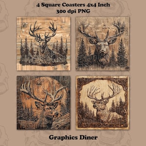 Può includere: Set di quattro sottobicchieri quadrati, ciascuno di 10x10 cm, con immagini dettagliate di cervi incisi nel legno in un ambiente forestale. I sottobicchieri hanno un'estetica rustica e naturale. Il testo "Graphics Diner" è in basso.