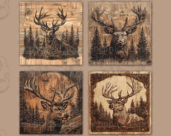 Posavasos cuadrados de madera sintética con diseño de ciervo, sublimación PNG, descarga digital instantánea, 4 x 4 pulgadas