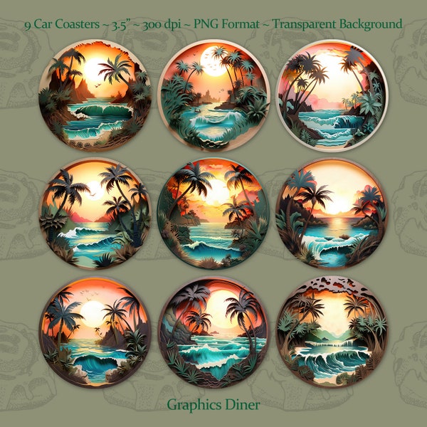 Shadow Box Style Tropical Scene Car Coaster Sublimation PNG Designs Faux Shadow Box Sublimation PNG Designs Car Coaster Set Of 9 Designs