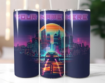 Envoltorio personalizado para vaso de 20 oz con paisaje urbano de neón: Diseño retro de sublimación (PNG)