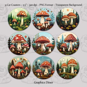 May include: Nine round car coasters featuring a whimsical illustration of red and white mushrooms in a forest setting. The coasters are 3.5 inches in diameter and have a transparent background.