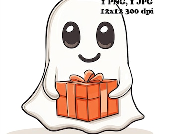 Ghost with Present Sublimation Design PNG: Commercial Use (Digital Download)