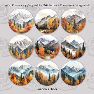 May include: Nine round car coasters featuring watercolor illustrations of mountain landscapes with fall foliage. The coasters are 3.5 inches in diameter and have a transparent background.