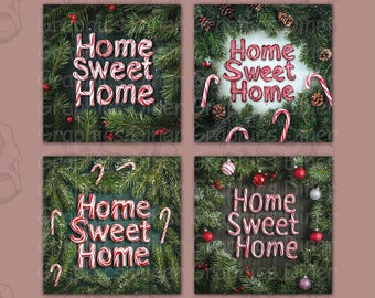 Posavasos navideños con diseño de bastón de caramelo "Hogar, dulce hogar": Diseños PNG: Sublimación cuadrada (Descarga digital)