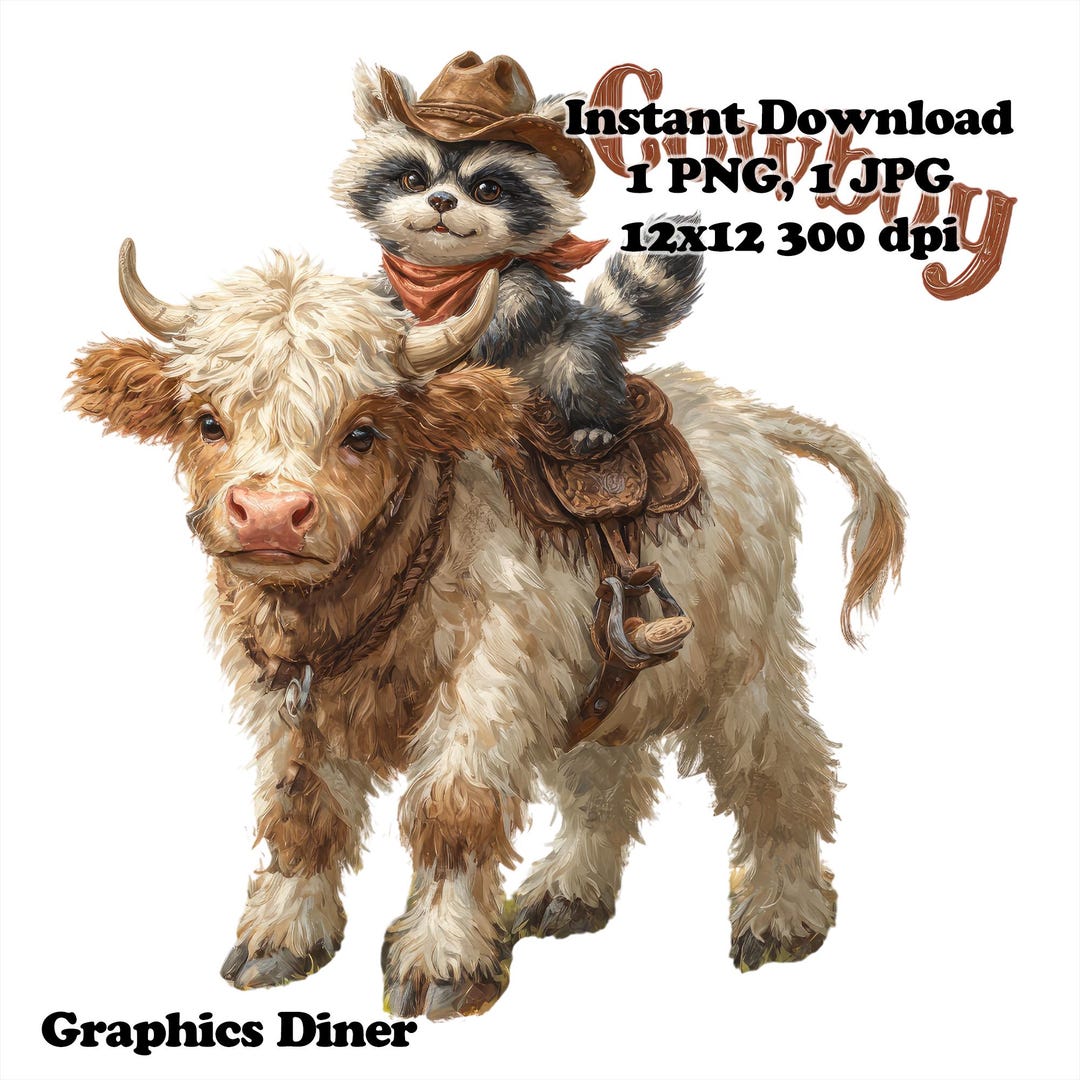 Raccoon Riding Highland Cow PNG Commercial Use Sublimation Design ...
