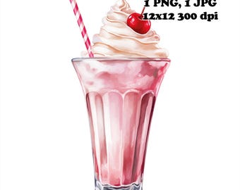 Watercolor Milkshake Sublimation PNG Commercial Use Sublimation Design 12 x 12 300 DPI Diner Food PNG Milkshake Graphic png Foodie png