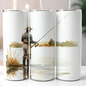 Fisherman Watercolor 20oz Seamless Tumbler Wrap Sublimation Design Commercial Use 9.3x8.2 Inches 300 Dpi Fishing Tumbler White Background