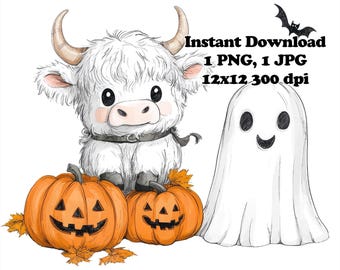 Vaca bebé de las Tierras Altas para Halloween, sublimación PNG, uso comercial, diseño de sublimación, 12 x 12, fondo transparente de 300 DPI.