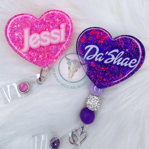 Super Sparkle Pink Heart Badge Reel/ Pink Name Badge Reel/ Girl Power Badge Reel/ Purple Badge Reel