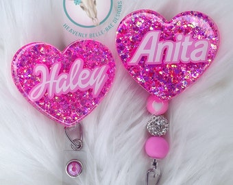 Super Sparkle Pink Heart Badge Reel/ Pink Name Badge Reel/ Girl Power Badge Reel