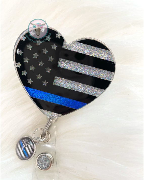 Thin Blue Line Badge Reel/ Back the Blue/ Heart Flag 