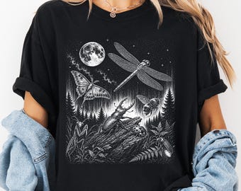 Vintage Moonlight Insect Nature Comfort Colors T-Shirt, Entomology Lover Gift, Gothic Forest Bug Tee, Dragonfly Moth Beetle Art Shirt
