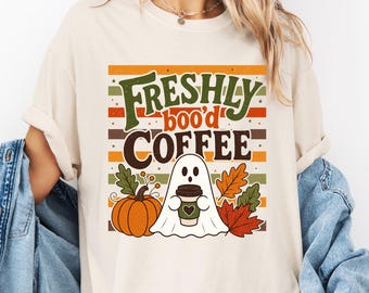 Halloween Ghost Freshly Boo'd Coffee Lover Vintage Halloween Comfort Colors T-Shirt, Spooky Coffee Lover Gift, Cute Ghost Graphic Tee