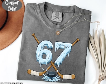 Comfort Colors® 67 Hockey Drip Number Funny Meme Style Boys Graphics T-Shirt, Hockey Player Number Gift, Cool Sports Meme Graphic Tee