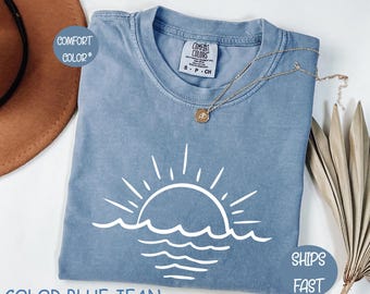 Comfort Colors® Sun Ocean T-Shirt, Minimalist Boho Beach Summer Gift, Trendy Coastal Linear Graphic Tee