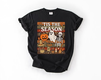 Comfort Colors 'Tis The Season Skeleton Pumpkin Ghost Halloween T-Shirt, Vintage Halloween Gift, Retro Y2K Spooky Graphic Tee, Shirt