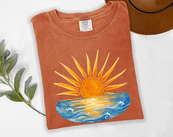 Comfort Colors® Sunset Beach T-Shirt, Coastal Summer Vacation Shirt Gift, Trendy Ocean Sunset Graphic Tee