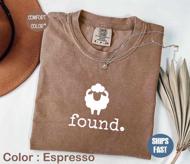 May include: Espresso-colored t-shirt with a white sheep graphic and the word "found." printed below. The shirt has a crew neck and short sleeves. The Comfort Colors brand tag is visible at the neckline. A silver necklace with a small pendant is draped across the shirt.