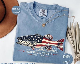 Comfort Colors 250 Years America 1776–2026 Fishing T-Shirt, USA Flag 250th Birthday Gift, Patriotic Fisherman Graphic Tee