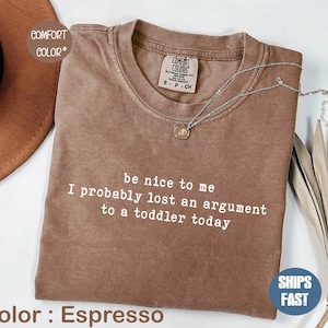 Może przedstawiać: Koszulka w kolorze espresso z napisem "be nice to me, I probably lost an argument to a toddler today." Srebrny naszyjnik z małą zawieszką jest przerzucony przez koszulkę. Koszulka jest oznaczona jako "Comfort Colors."