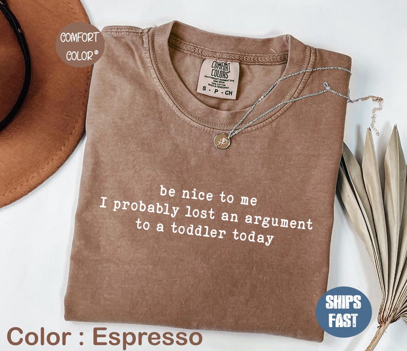 Może przedstawiać: Koszulka w kolorze espresso z napisem "be nice to me, I probably lost an argument to a toddler today." Srebrny naszyjnik z małą zawieszką jest przerzucony przez koszulkę. Koszulka jest oznaczona jako "Comfort Colors."