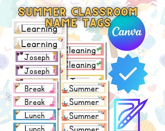 Utskrivbara namnetiketter för klassrummet, redigerbar sommardekor för skrivbord och klassrum, paket för grundskolan, etikettmallar för Canva