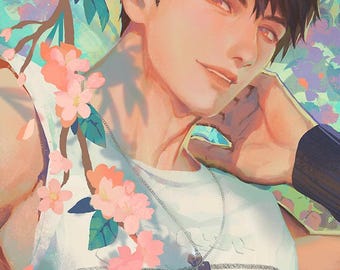 May include: Digital artwork of a person with dark hair and light skin, wearing a white vest and a silver necklace. Pink flowers and branches frame the person. The artwork has a soft, painterly style with a warm colour palette.