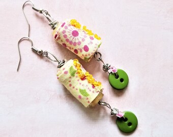 Yellow Fabric Bead Dangle Earrings - Lightweight Drop Earrings - Fabric Jewelry for Her - Yellow Floral Earrings for Spring and Summer