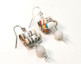 Upcycled Subway Map Paper Bead Drop Earrings - Vintage Map Jewelry - Cute Paper Map Earrings
