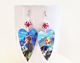 Legend of Zelda Heart Dangle Earrings - Fandom Gift of Jewelry - Link and Princess Zelda Decoupaged Paper Heart Shaped Earrings