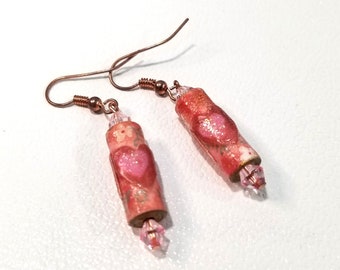Pink Floral Heart Paper Bead Earrings - Pretty Pink Dangle Earrings - Cute Earrings for Women